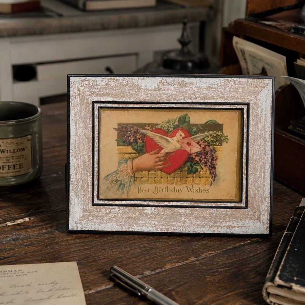 Framed 1909 Happy Birthday Victorian Postcard in Wood Frame